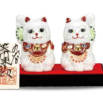 Amazon.co.jp: 和座の蔵 招き猫 置物 九谷焼 ペア 招き猫 白盛